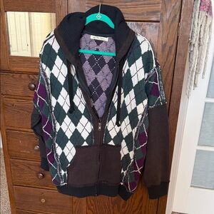 We The Free Argyle Zip-Up Sweater - Black, Purple, White, Green